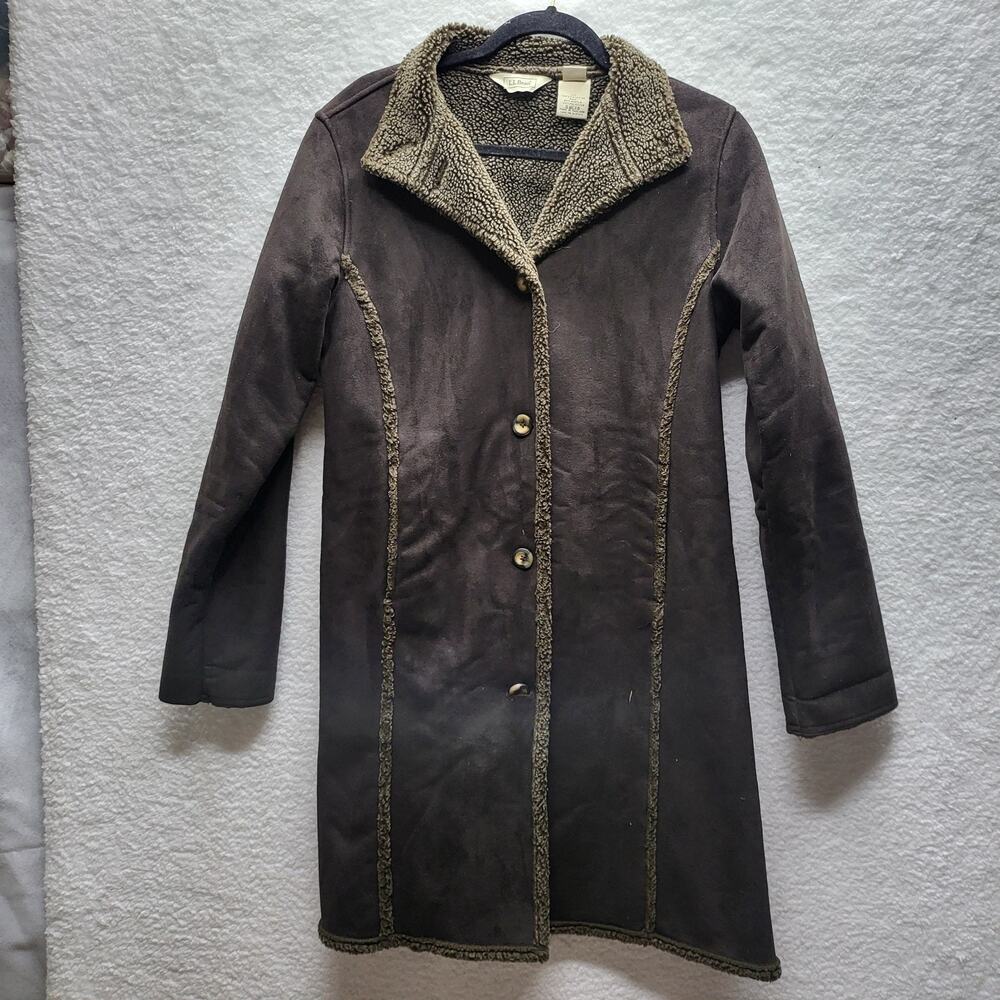 LL BEAN womens S brown Leather Thermal Lined Pea Coat